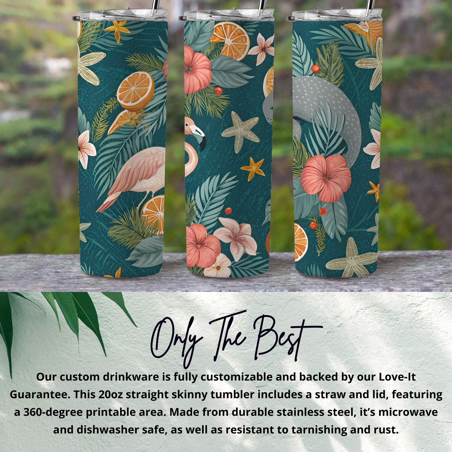 Tropical Floral Design Skinny Tumbler with Straw and Lid