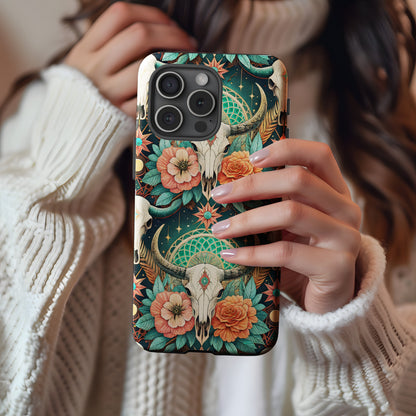 Boho Skull Floral Pattern With Custom Name Initial Phone Case - Walk Greener