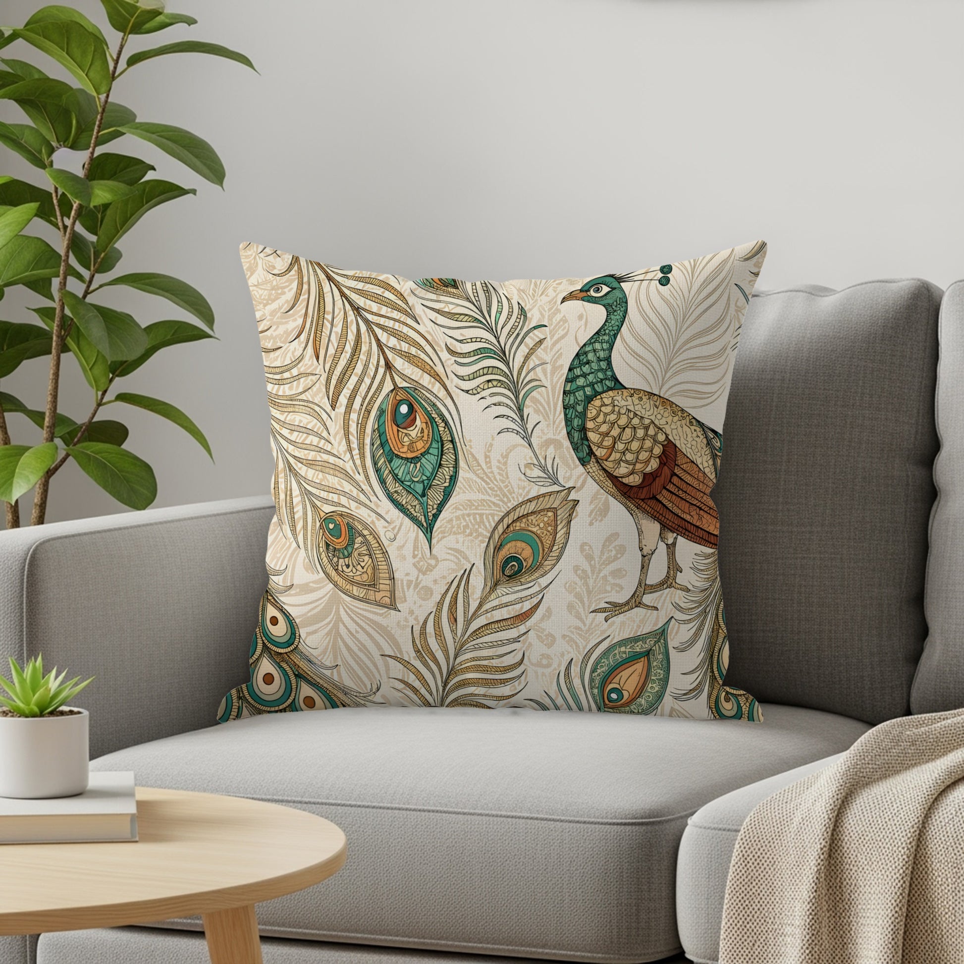 Elegant Peacock and Feather Design Throw Pillow