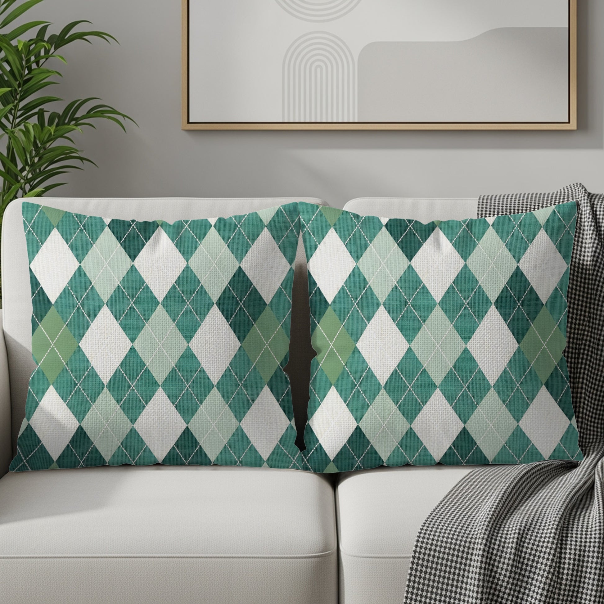 Classic Diamond Patterned Green and White Argyle Throw Pillows - Walk Greener