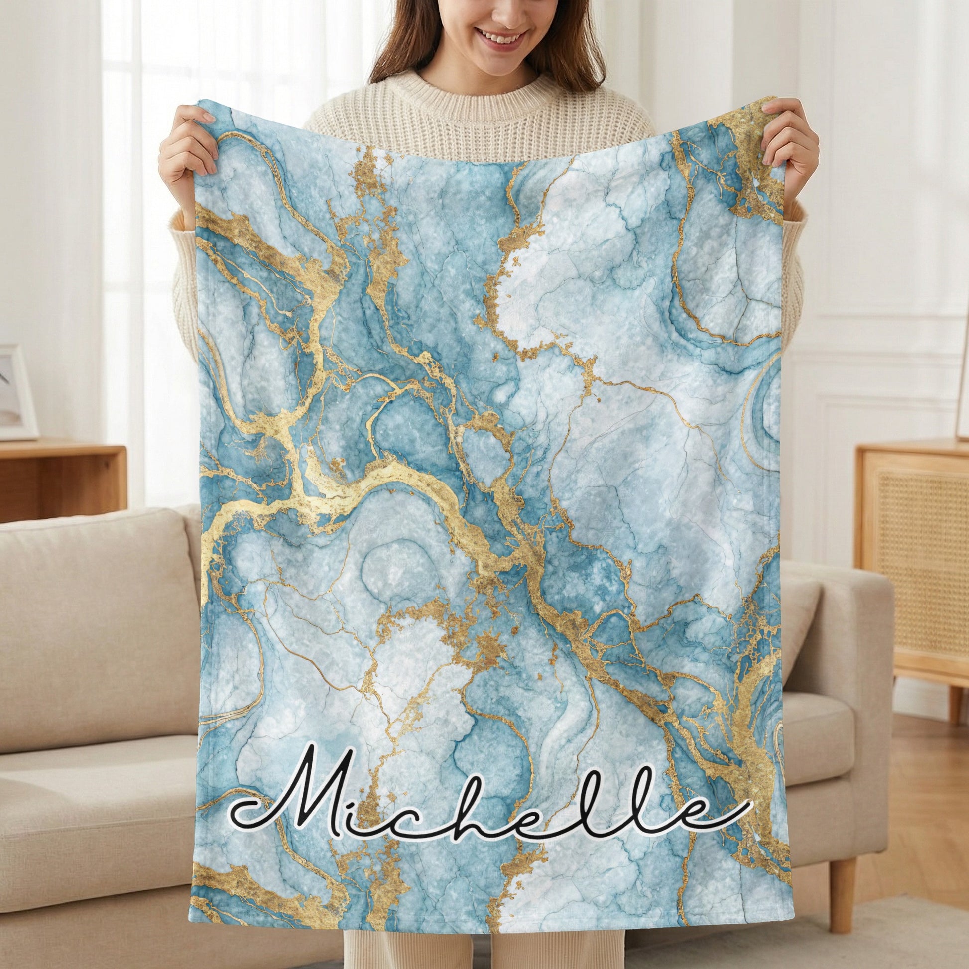 Teal and Gold Marble Custom Name Special Blanket - Walk Greener