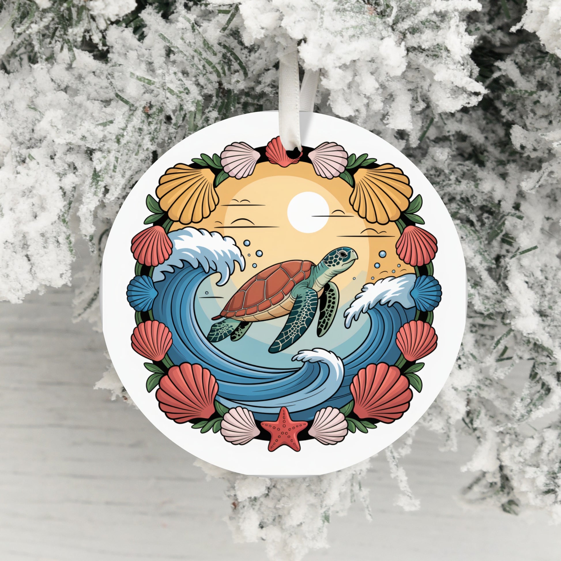Sea Turtle and Ocean Waves Round Holiday Ornament product type