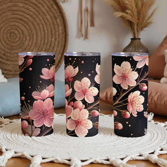 Elegant Black Tumbler with Floral Blossom Design