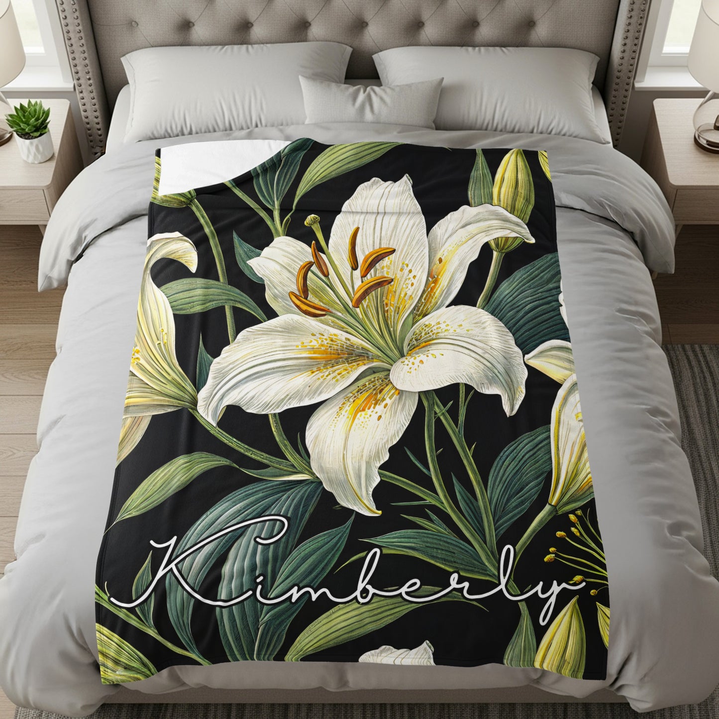 Personalized Floral Lily Print Bedspread Custom Name