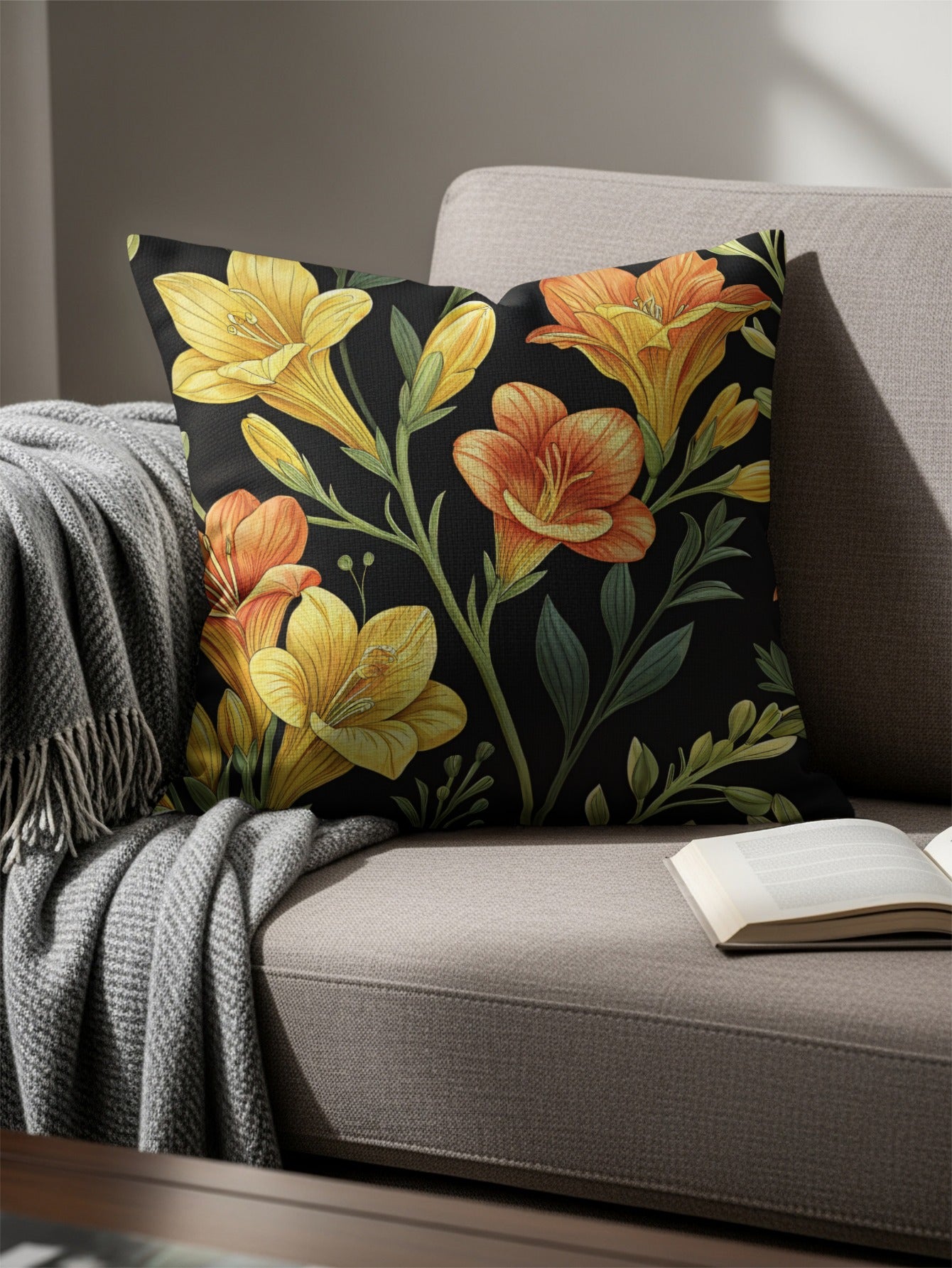 Yellow And Orange Floral Pattern On Dark Backdrop Decorative Floral Throw Pillows - Walk Greener