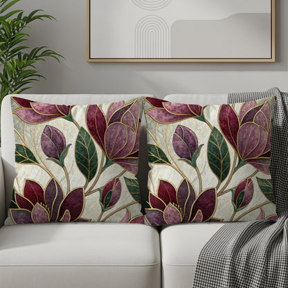 Maroon Flowers Golden Outlines on White Pattern Throw Pillows - Walk Greener