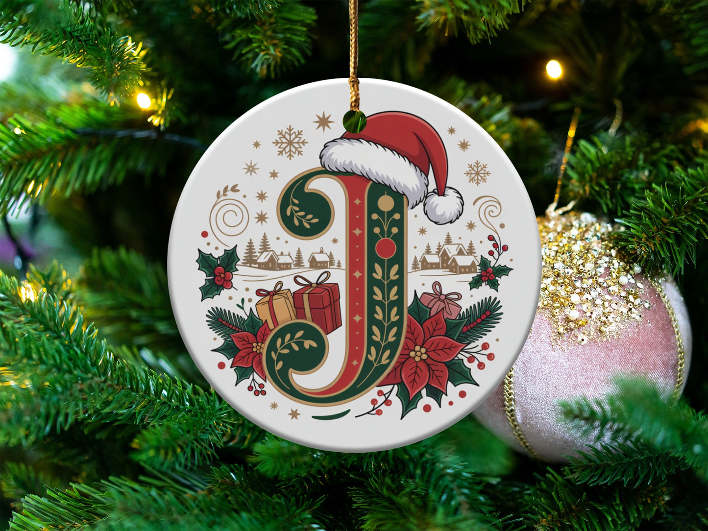 Festive Santa Hat Initial J Holiday Ornament product type