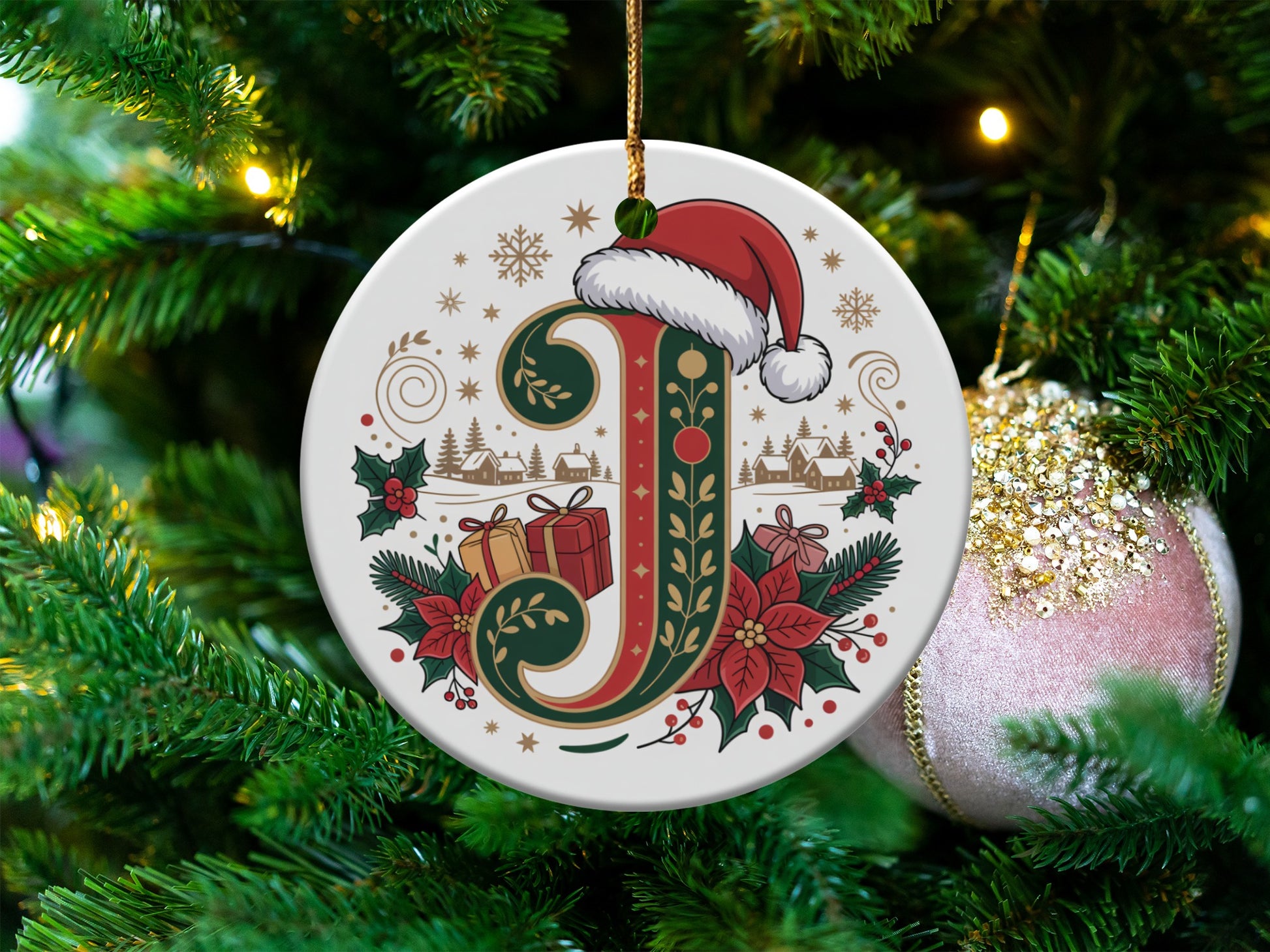Festive Santa Hat Initial J Holiday Ornament product type