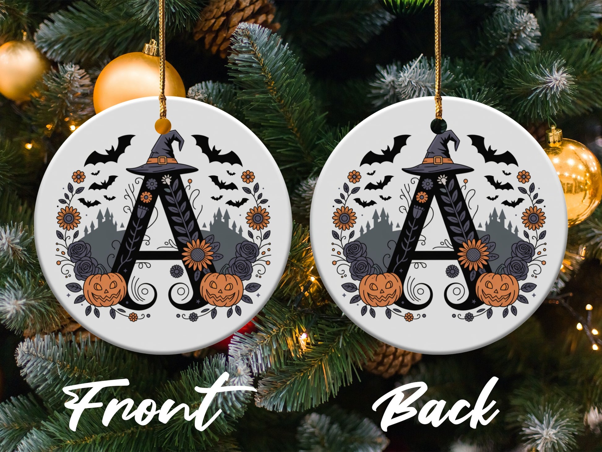 Custom Halloween Pumpkin and Witch Hat Ornament product