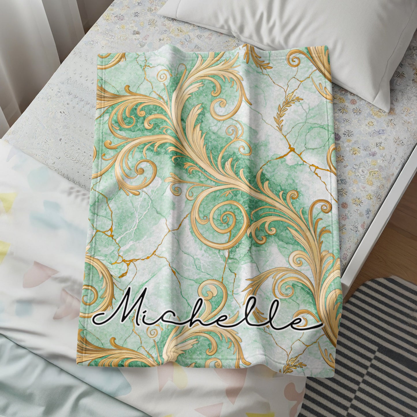 Personalized Green and Gold Floral Design Blanket