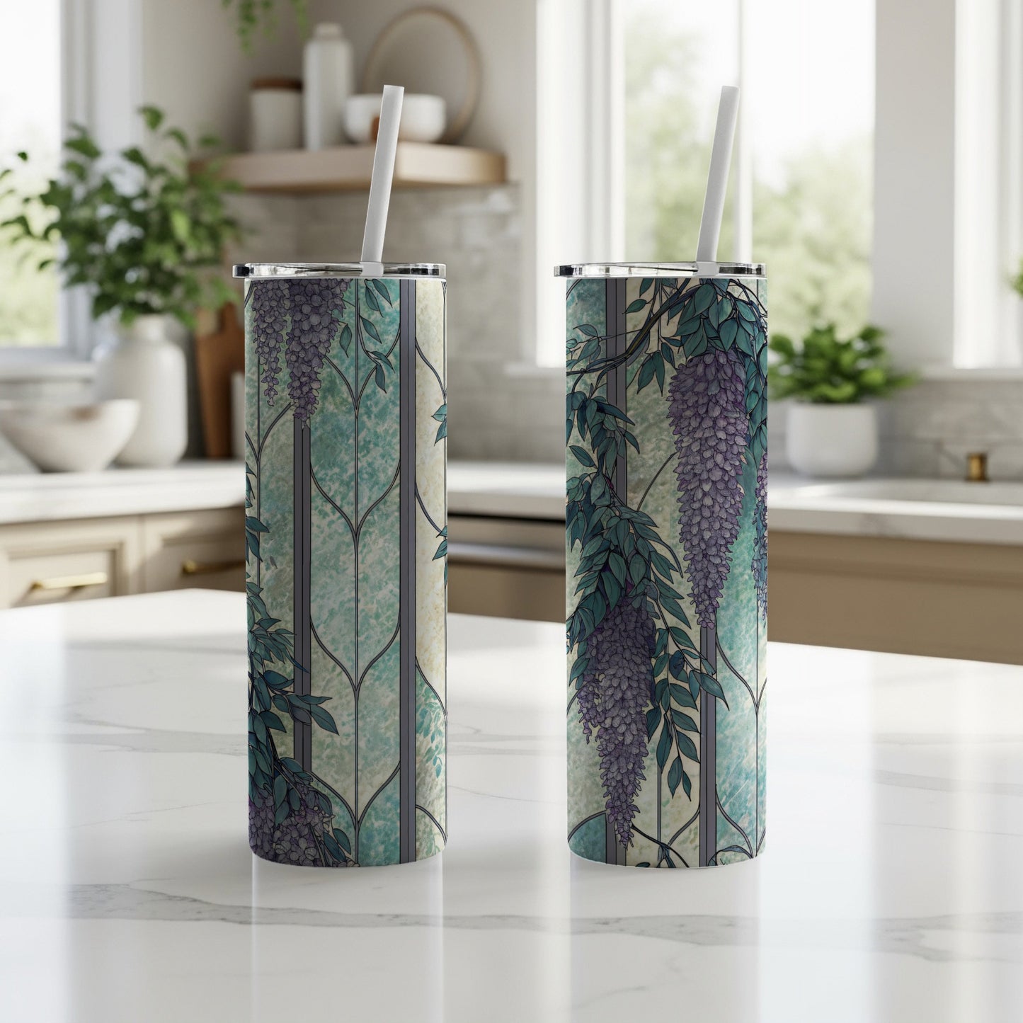 Wisteria Flowers At Faux Stained Glass Window 20 oz Skinny Tumbler - Walk Greener
