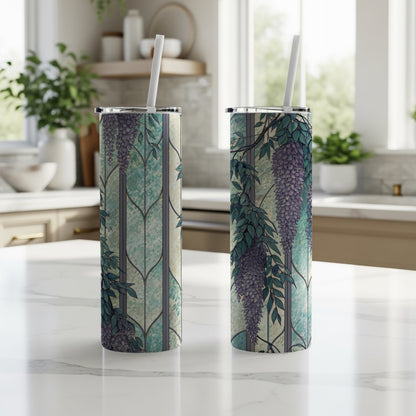 Wisteria Flowers At Faux Stained Glass Window 20 oz Skinny Tumbler - Walk Greener