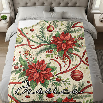 Personalized Christmas Poinsettia Holiday Blanket