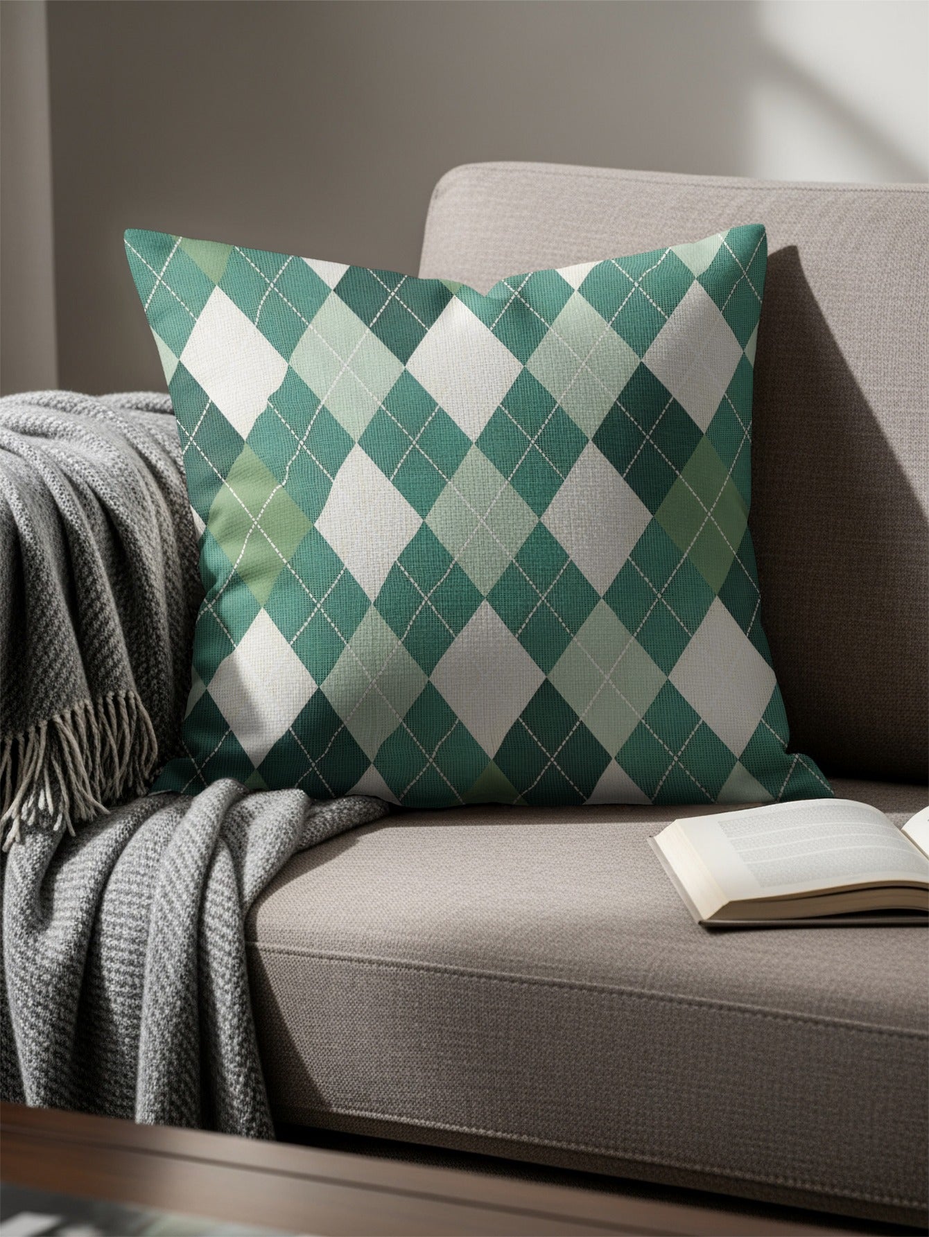 Classic Diamond Patterned Green and White Argyle Throw Pillows - Walk Greener