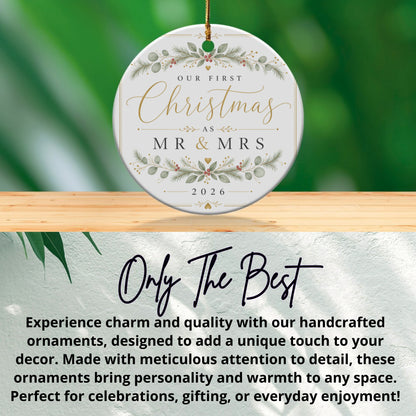 Round ornament reads "Our First Christmas as Mr & Mrs 2026."