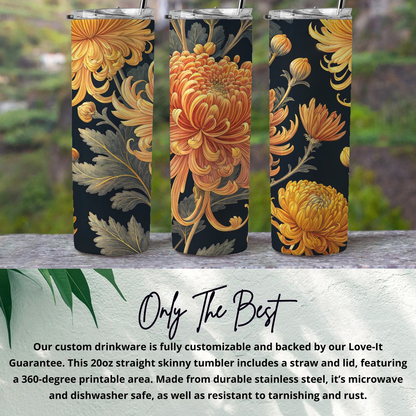 Golden Chrysanthemums Floral Design on Black Background Tumblers - Walk Greener