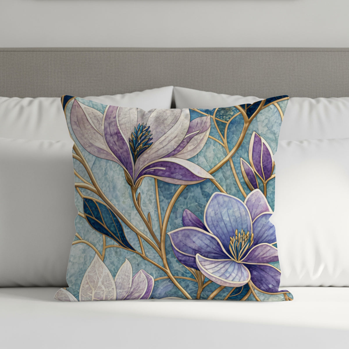 Elegant Floral Mosaic Blue and Purple Flowers Throw Pillows - Walk Greener