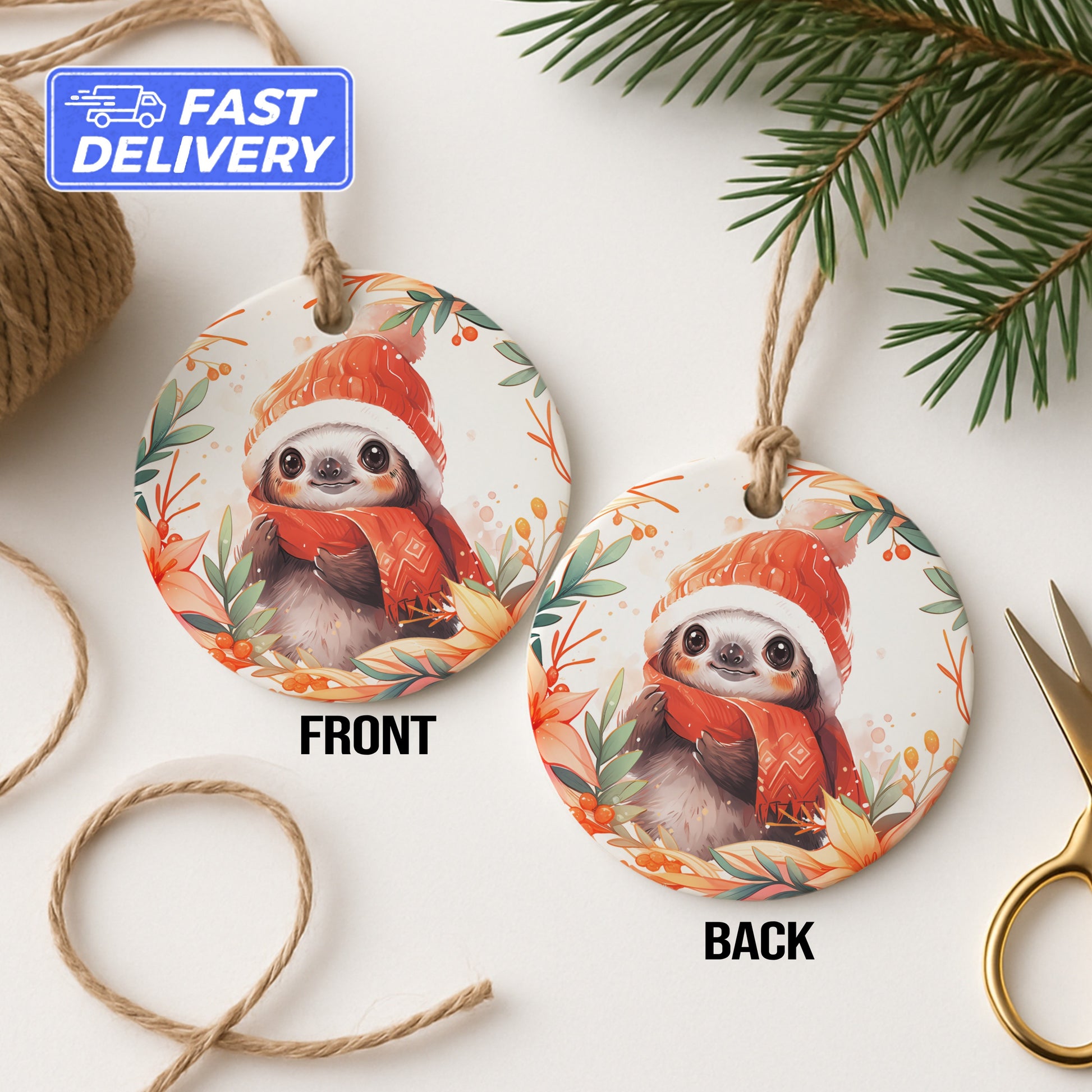 Cute Sloth with Red Hat Round Hanging Ornament product type