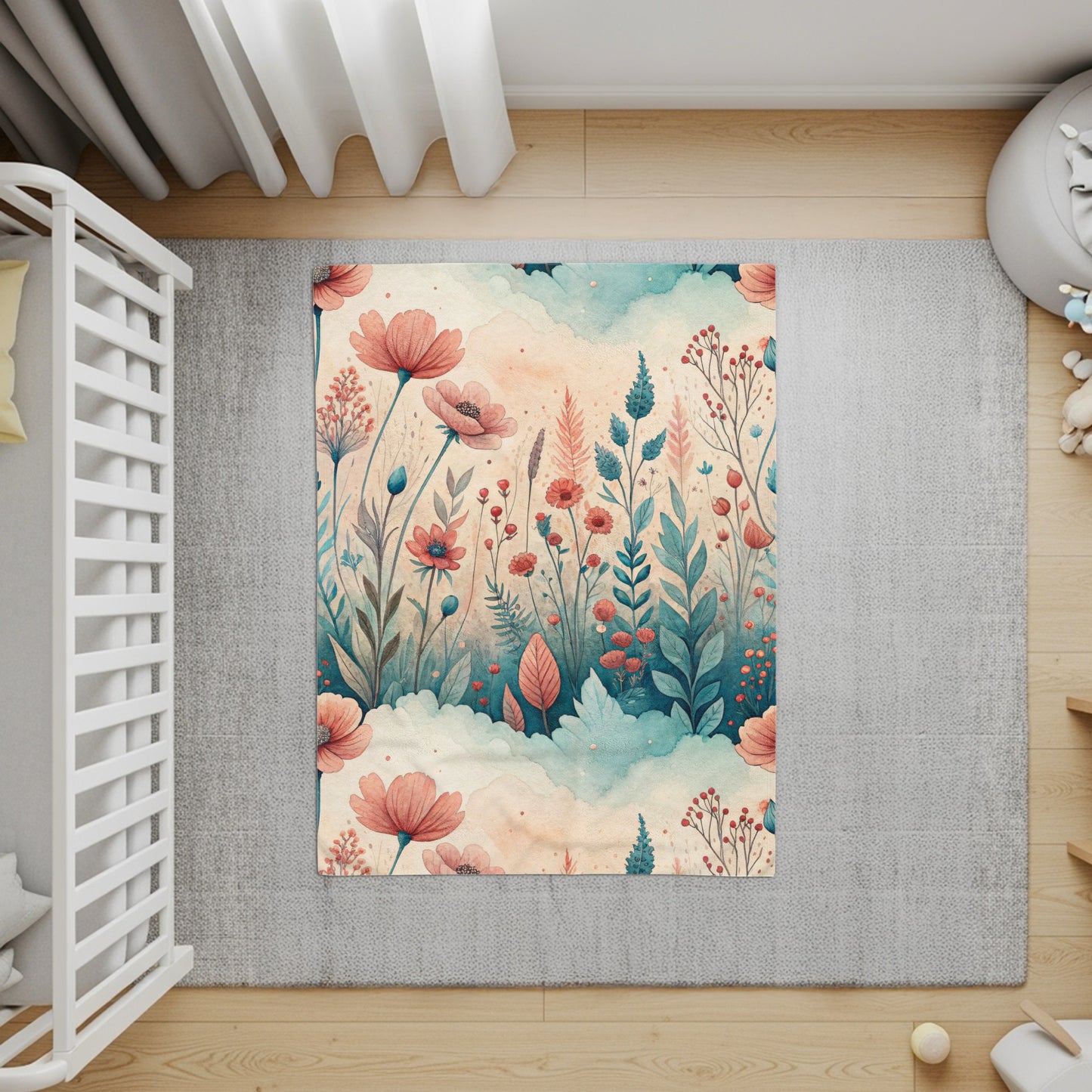 Watercolor Floral Meadow Peach Blossoms and Blue Sprigs - Walk Greener