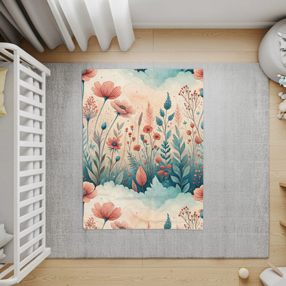 Watercolor Floral Meadow Peach Blossoms and Blue Sprigs - Walk Greener