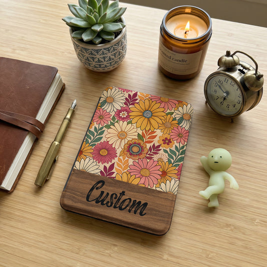 Custom Floral Pattern Design Brown Wood Cover Diary