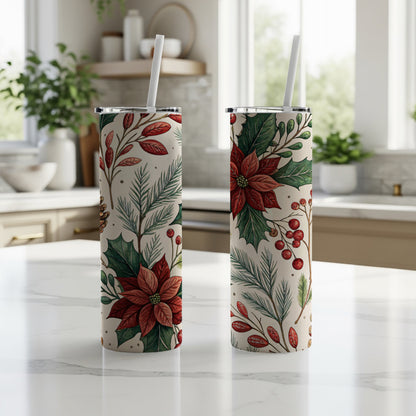 Festive Christmas Floral Tall Tumbler with Straw