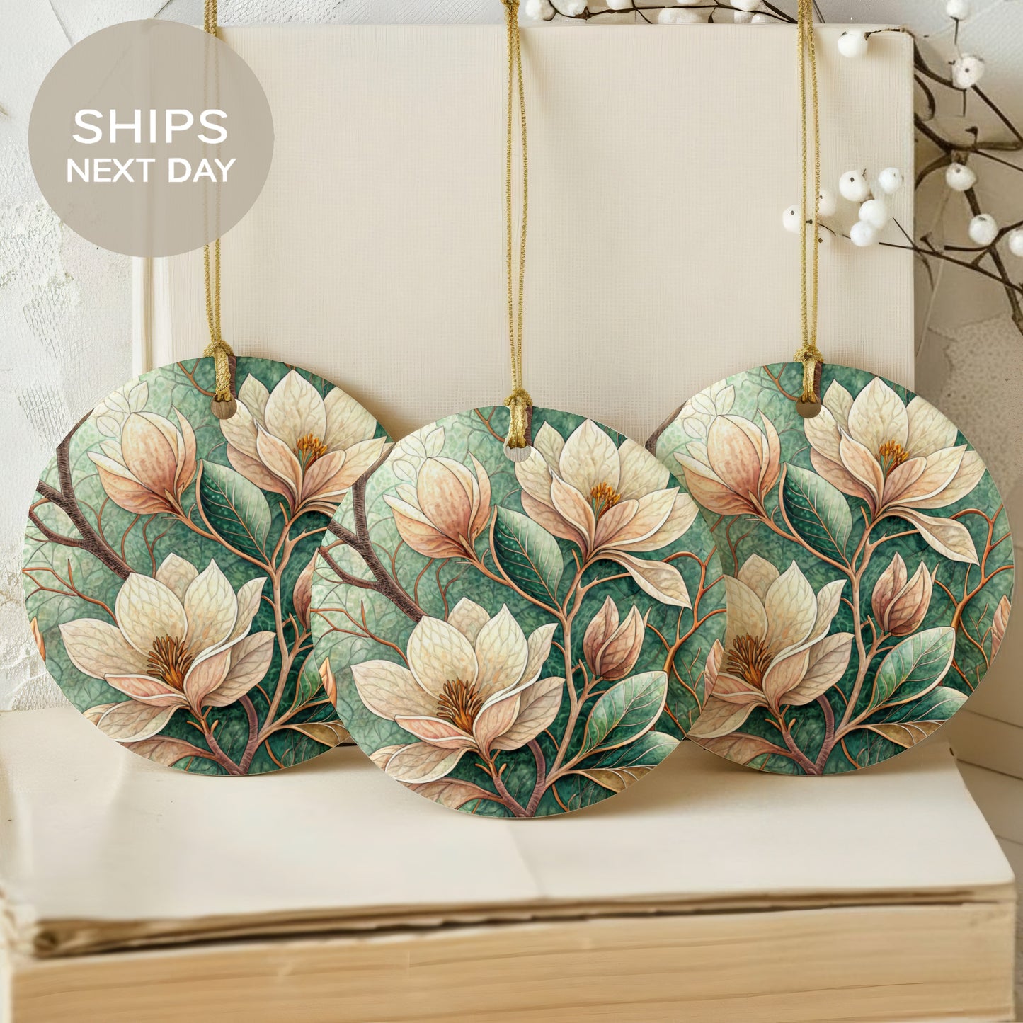 Elegant Magnolia Floral Design Hanging Ornament Set