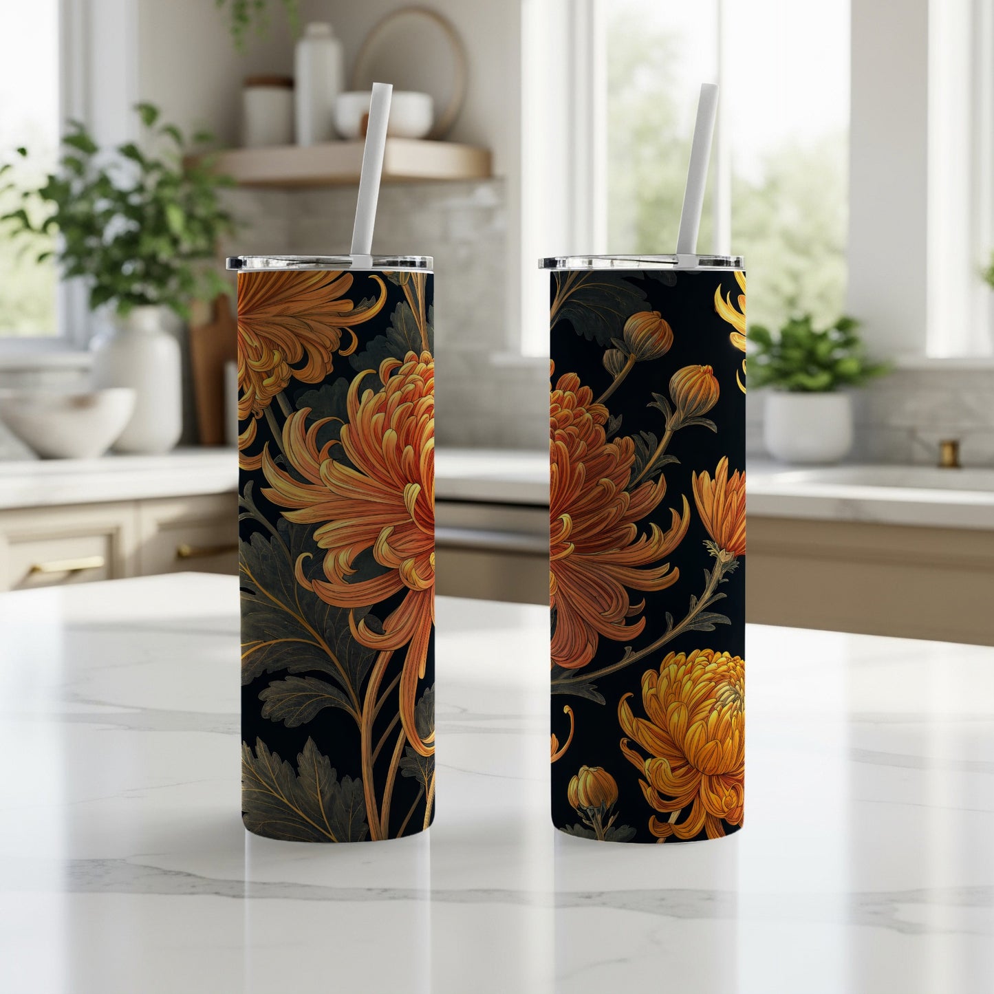 Golden Chrysanthemums Floral Design on Black Background Tumblers - Walk Greener