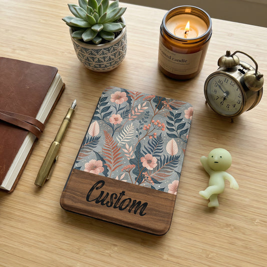 Custom Floral Design Wooden Engraved Notebook