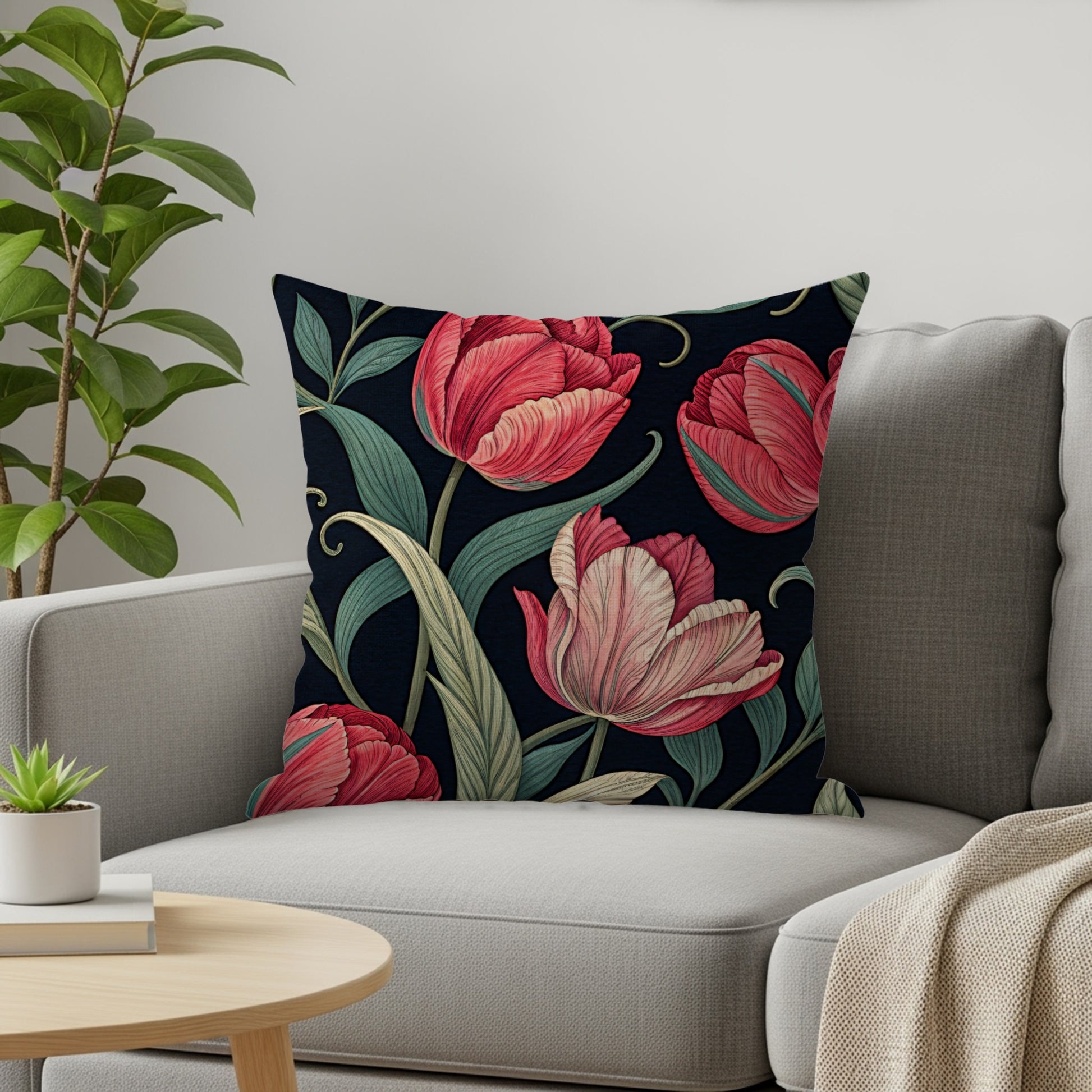 Elegant Red Tulips Seamless Pattern Decorative Floral Throw Pillows - Walk Greener