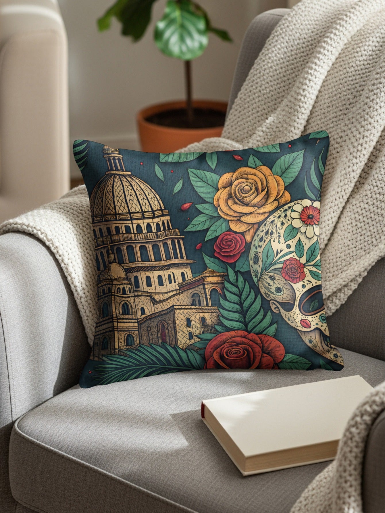 Colorful Skull and Cathedral Design Decorative Pillow
