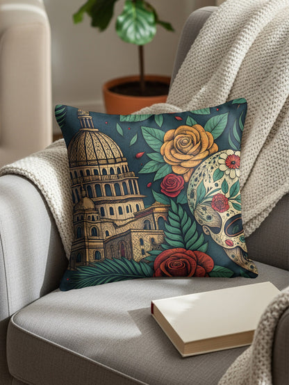 Colorful Skull and Cathedral Design Decorative Pillow