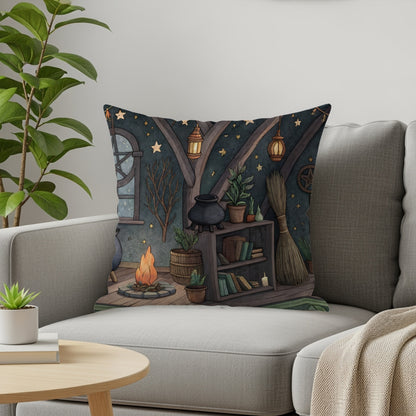 Cozy Cabin Night Scene Decorative Throw Pillow