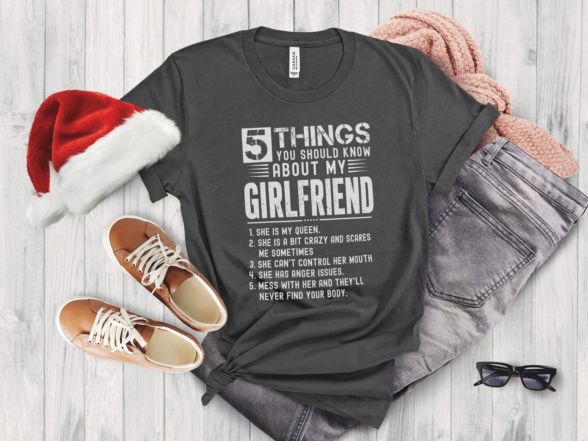 Dark grey t-shirt with "5 Things You Should Know About My Girlfriend" text.