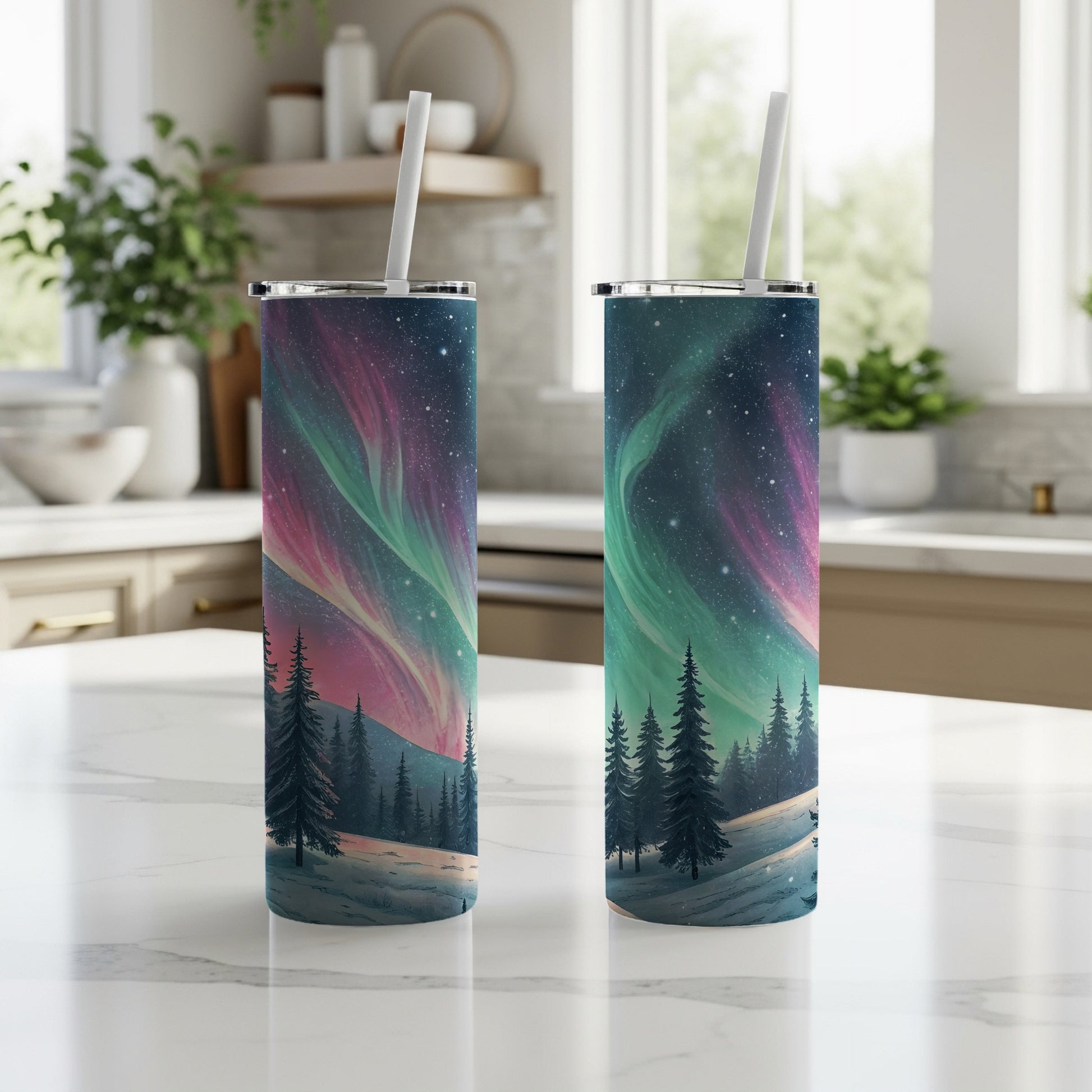 Aurora Borealis Over Snowy Forest Winter Scene Tumbler - Walk Greener