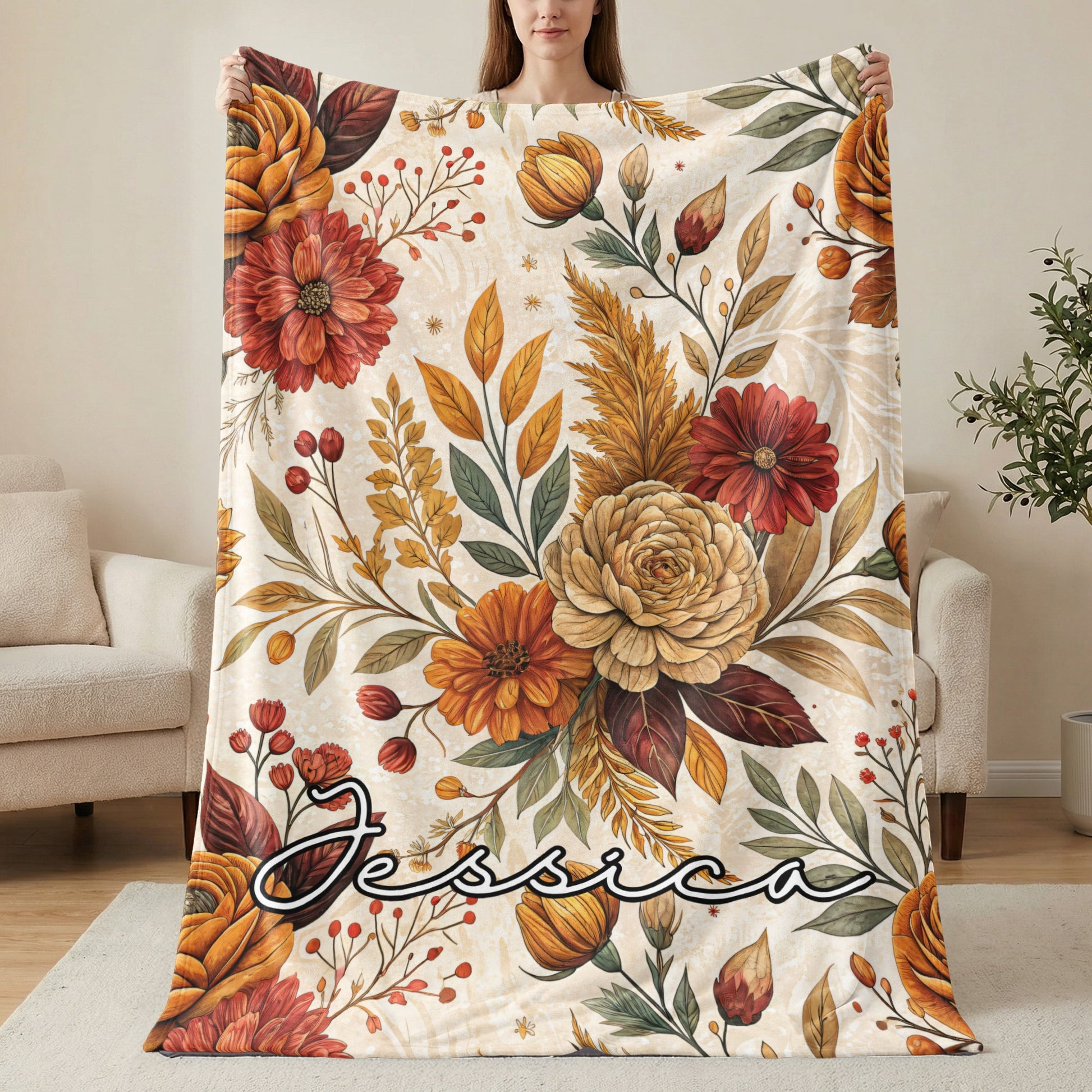Personalized Floral Design Blanket with Name Jessica