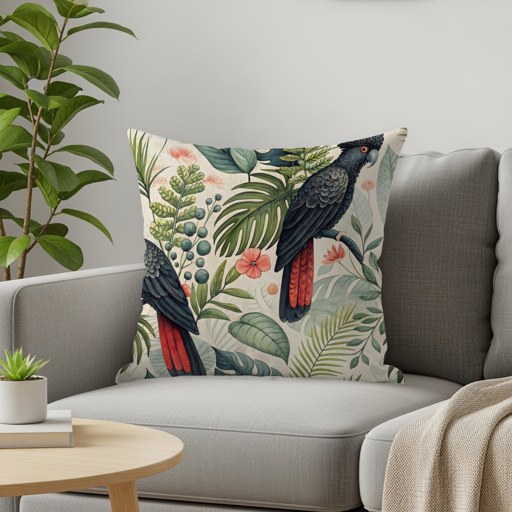Tropical Bird Print Throw Pillow with Greenery Design
