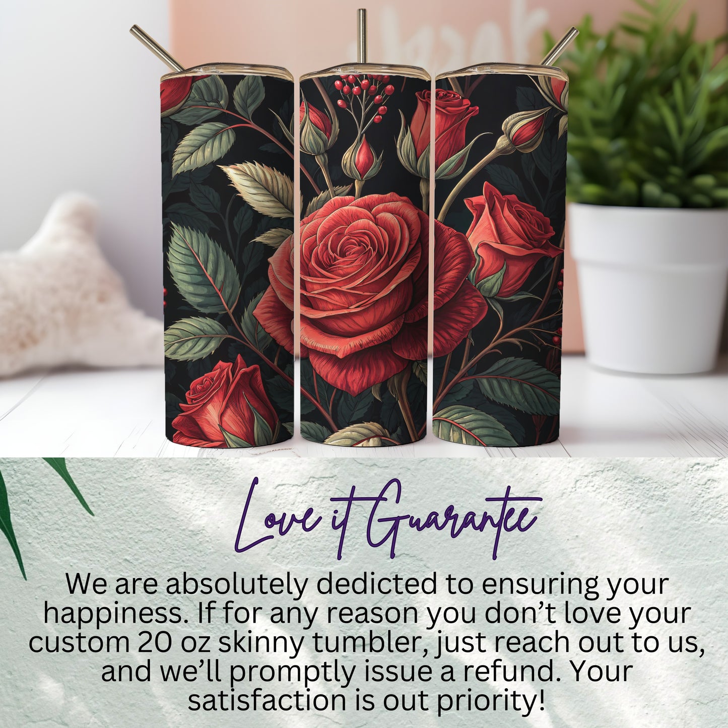 Red Rose Floral Design Skinny Tumbler with Straw