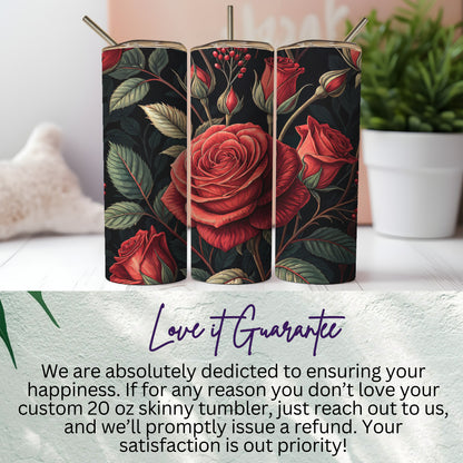 Red Rose Floral Design Skinny Tumbler with Straw