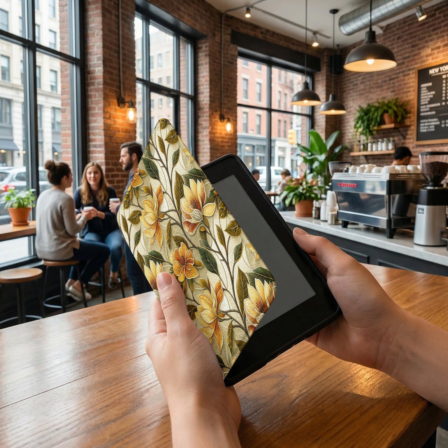 Floral Patterned Tablet Sleeve in Cozy Coffee Shop Scene