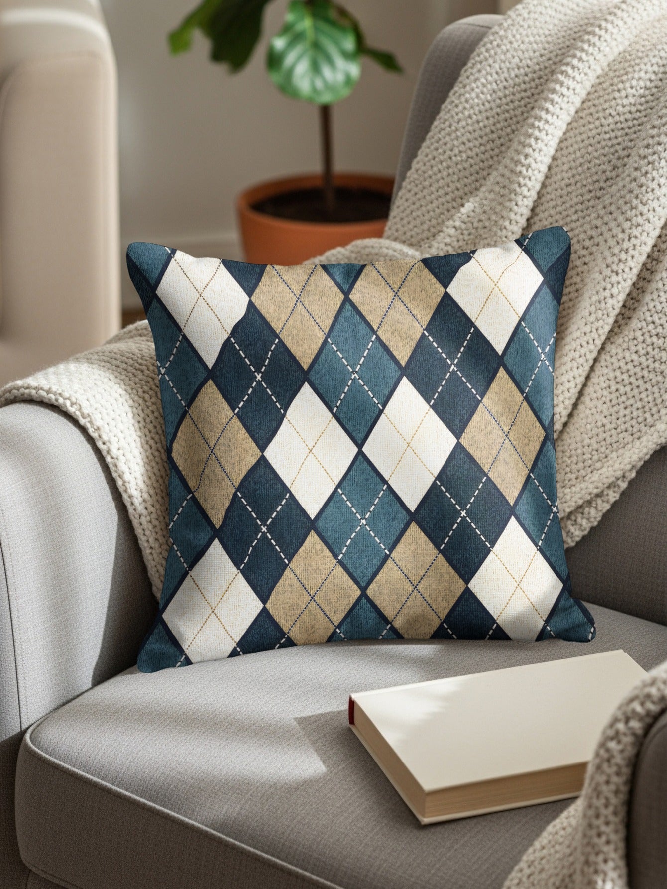 Blue Tan and White Diamond Patterned Argyle Throw Pillows - Walk Greener