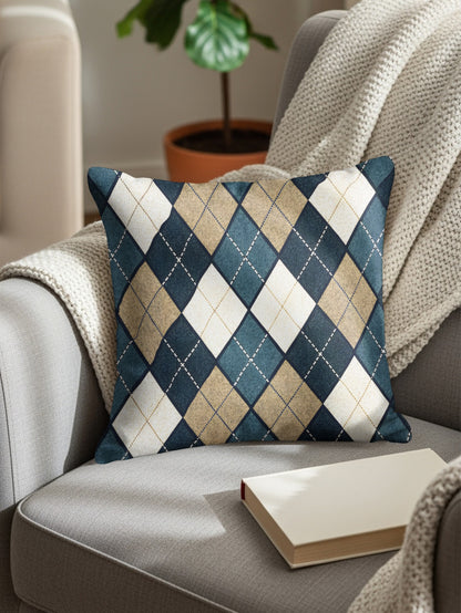 Blue Tan and White Diamond Patterned Argyle Throw Pillows - Walk Greener