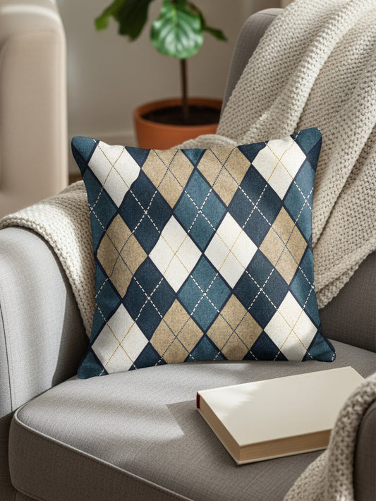 Blue Tan and White Diamond Patterned Argyle Throw Pillows - Walk Greener