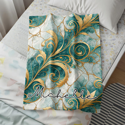 Golden Floral on Blue Custom Name Style Blanket - Walk Greener