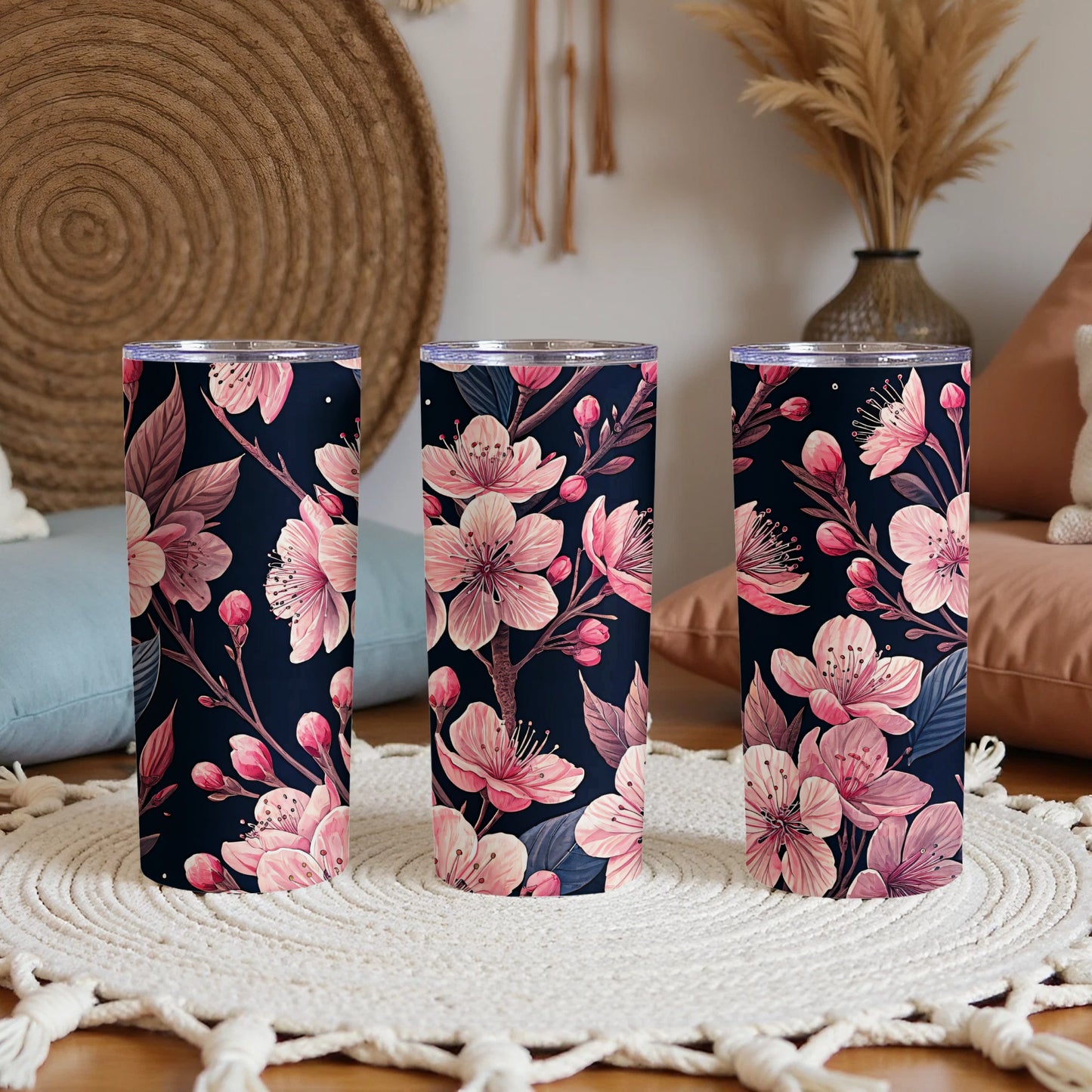 Elegant Cherry Blossom Pattern on Black Tumbler
