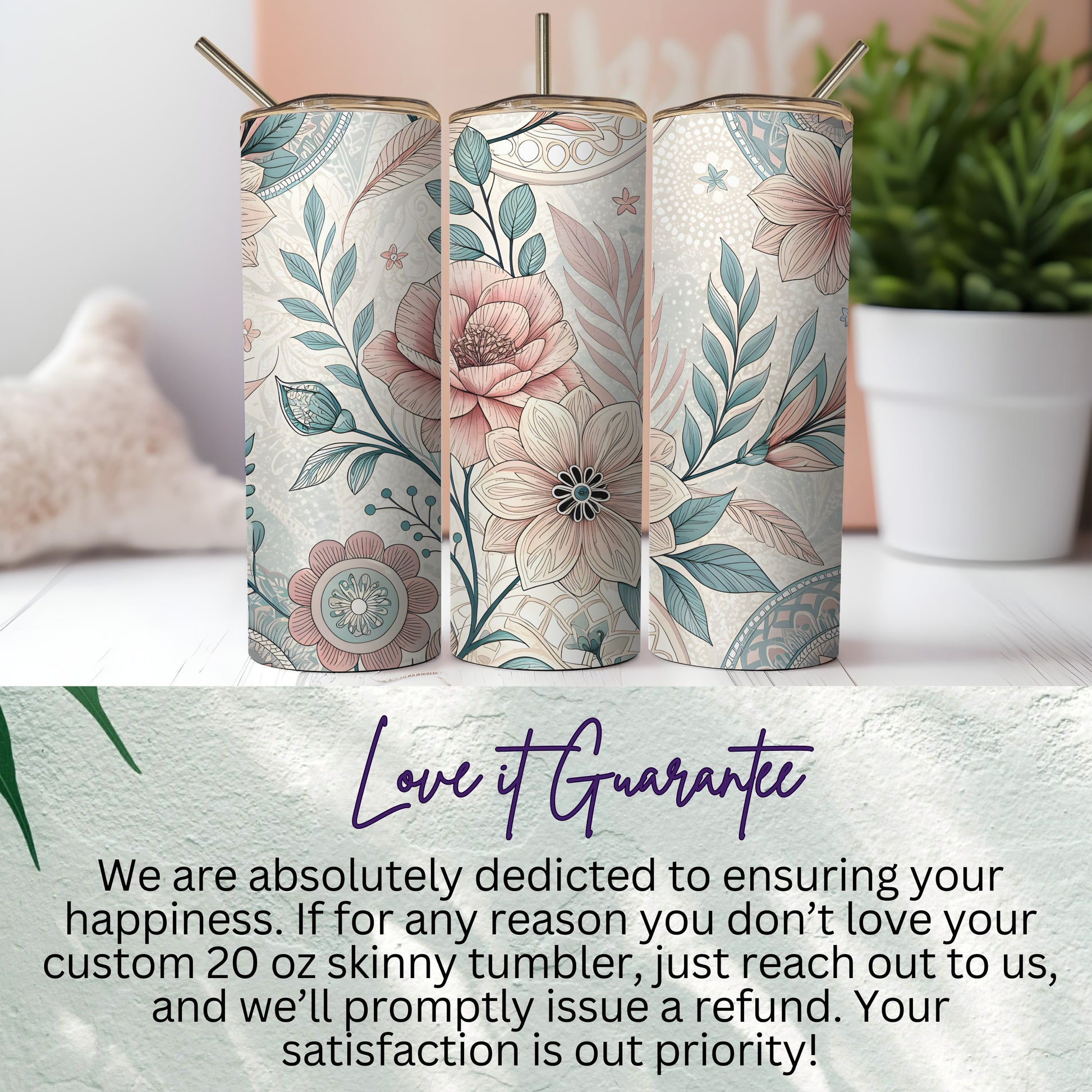 Beautiful Floral Design Custom 20 oz Skinny Tumbler