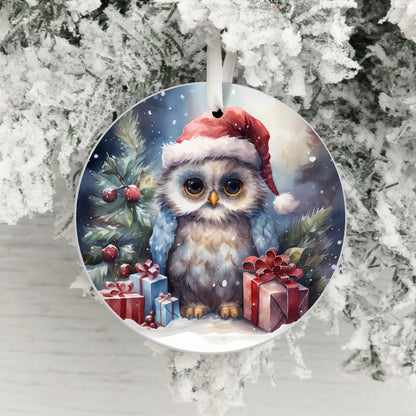 Cute Festive Owl in Santa Hat with Presents Ornament product