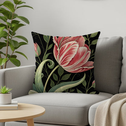 Red White Tulips a Dark Backdrop Decorative Floral Throw Pillows - Walk Greener