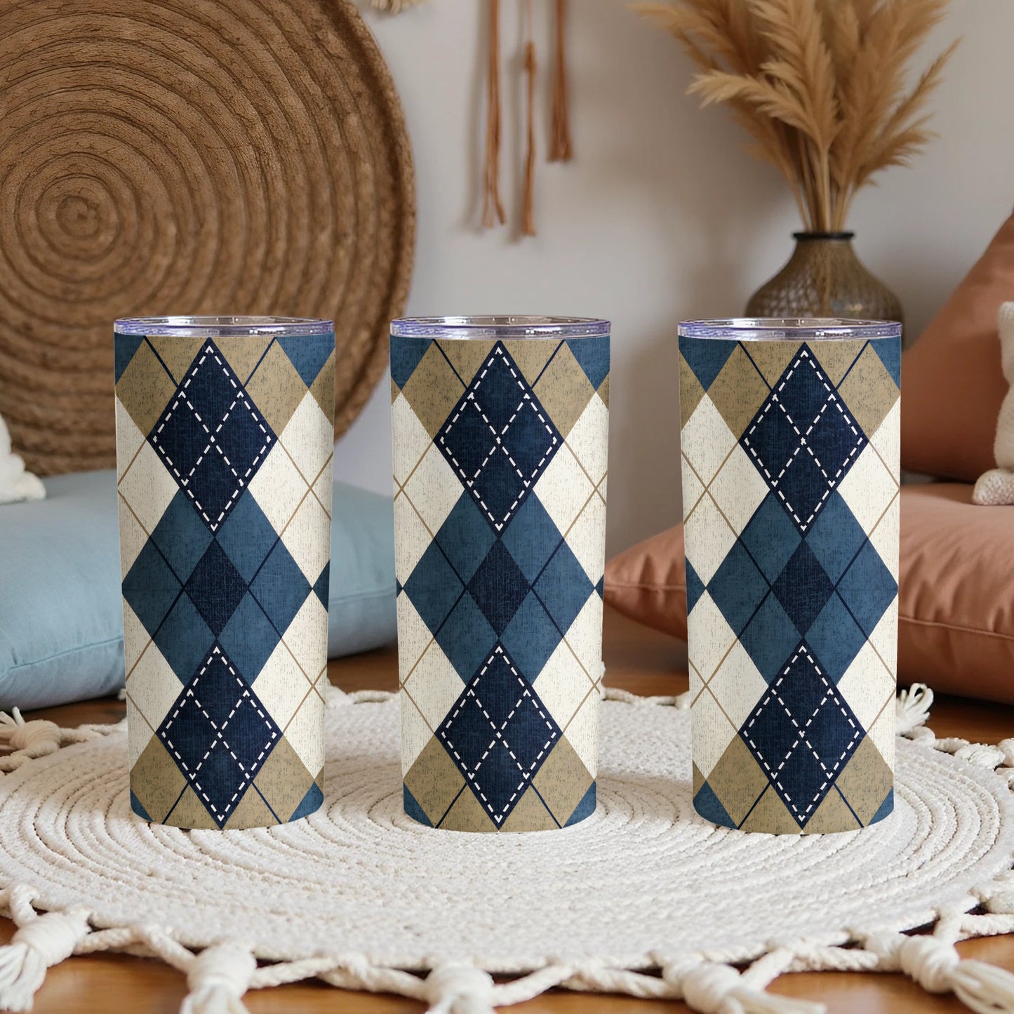 Blue Beige and White Argyle Plaid Patterned Design Tumbler - Walk Greener