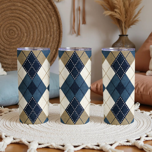 Blue Beige and White Argyle Plaid Patterned Design Tumbler - Walk Greener